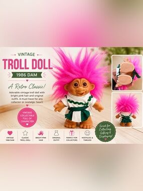 Vintage 1986 DAM Troll Doll Hot Pink Hair Green Dress Collectible Troll Figure